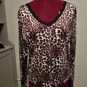 Leopard Print V-Neck Top with Black Lace Trim